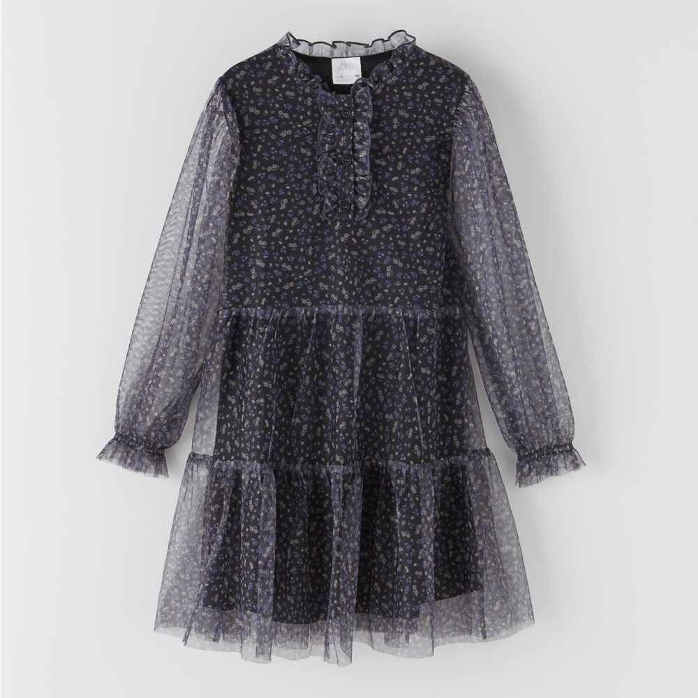 Zara Girls FLORAL TULLE DRESS black blue classic
10